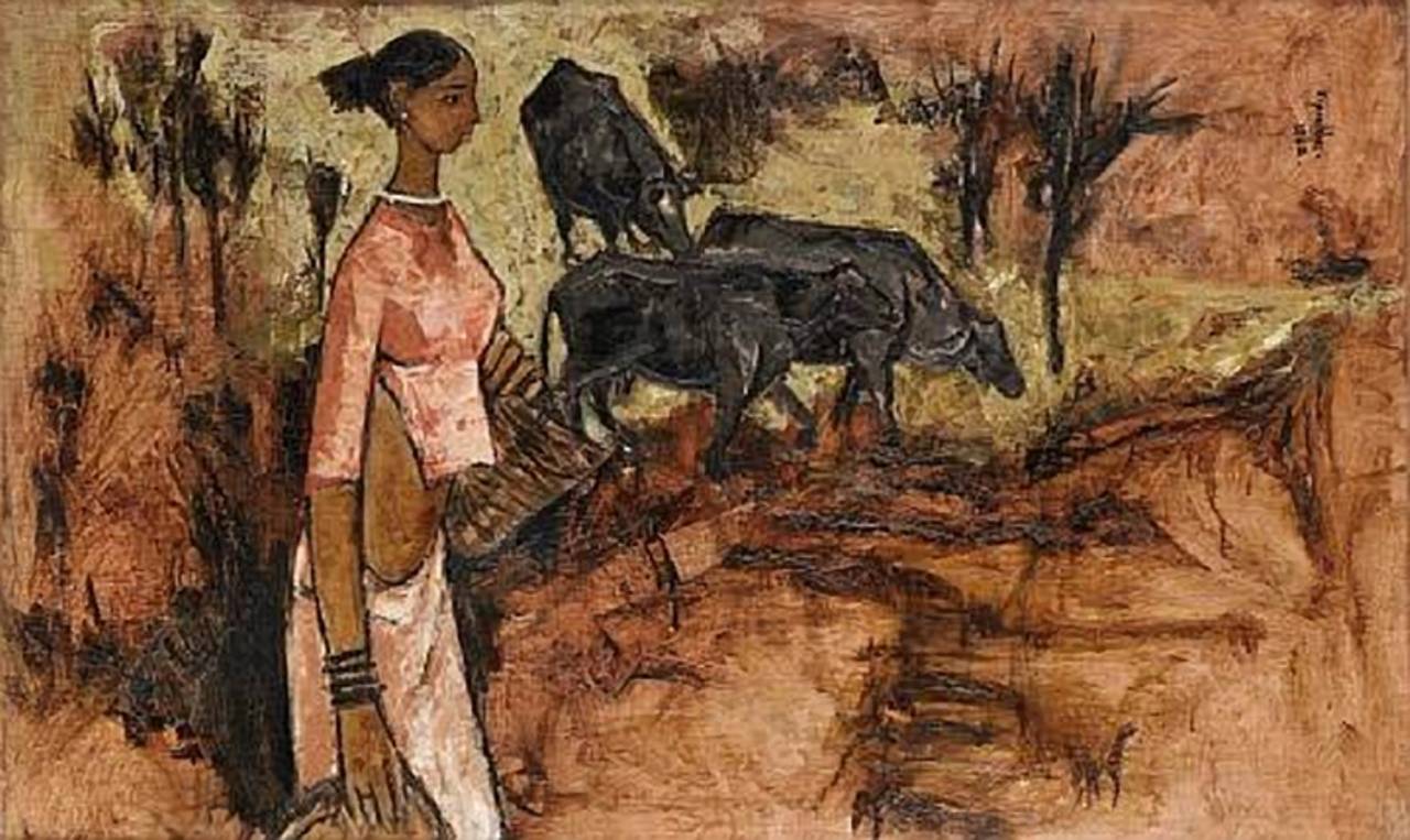 Untitled (Woman with Bulls) - Painting by B. Prabha