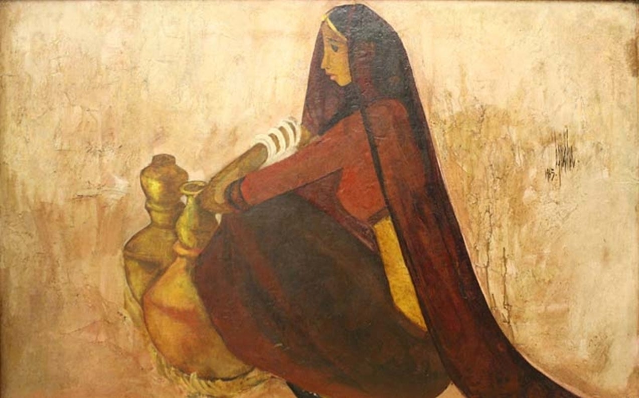 Untitled (Woman with Water Jugs) - Painting by B. Prabha