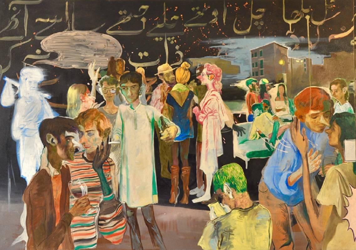 Rooftop Party with Ghosts 1 (Triptych) - Painting by Salman Toor