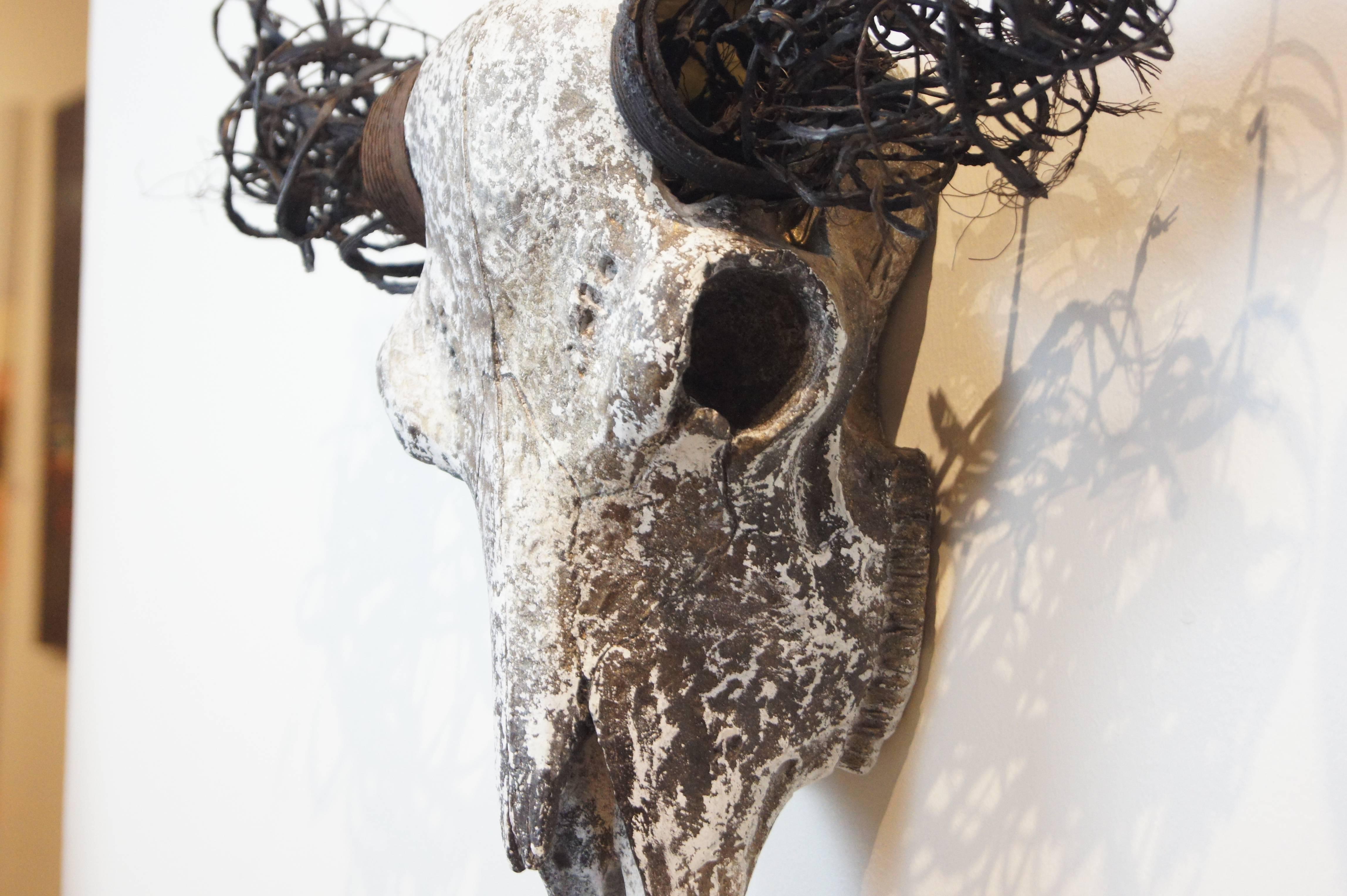 Banyan Fierer Figurative Sculpture - Faux Bison Skull in Resin with Found Object Horns and Painted Texture