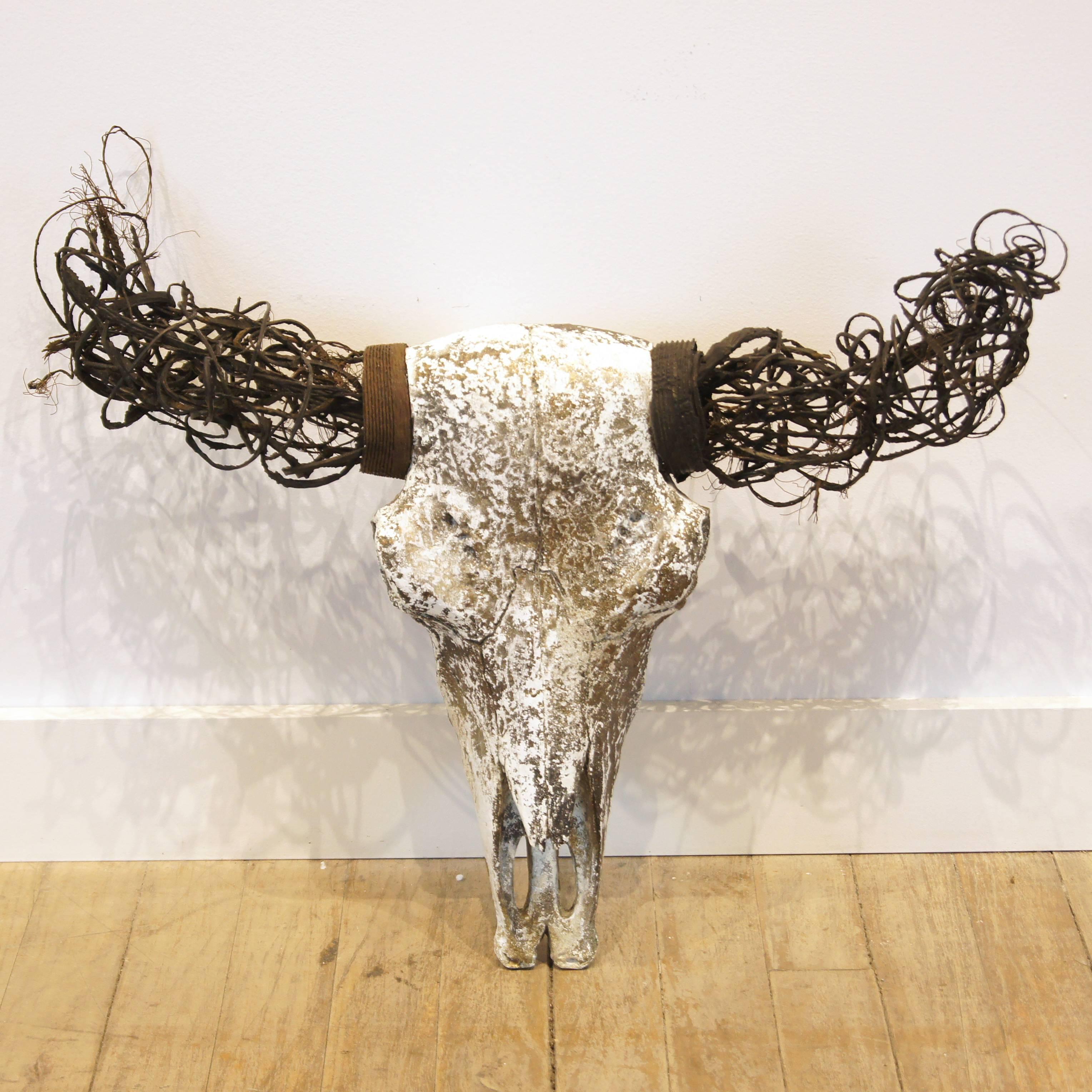 Faux Bison Skull in Resin with Found Object Horns and Painted Texture - Sculpture by Banyan Fierer