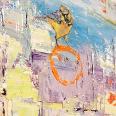 Urban Abstract Wildlife Painting 'Lavender Burning Blue with Bird' Oil on Canvas