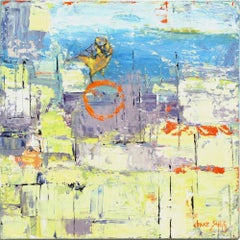 Urban Abstract Wildlife Painting 'Lavender Burning Blue with Bird' Oil on Canvas