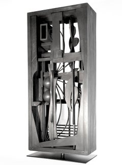 Intricate Black Wood Sculpture 'Urban Strata' Multi-Dimensional Abstract Art