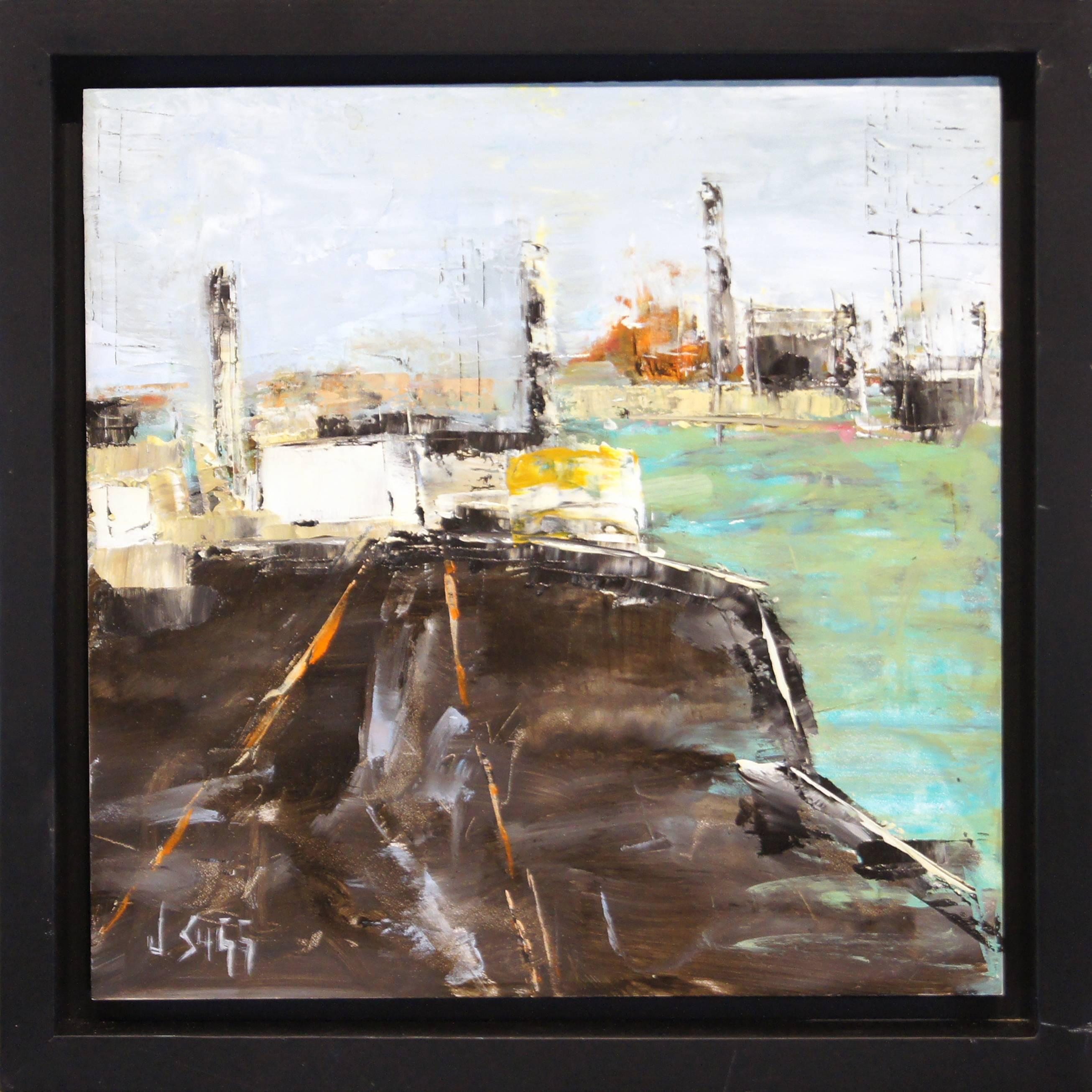 Janice Sugg Abstract Painting - City Pier - Contemporary Cityscape Painting Abstract City Art Urban Life Artwork