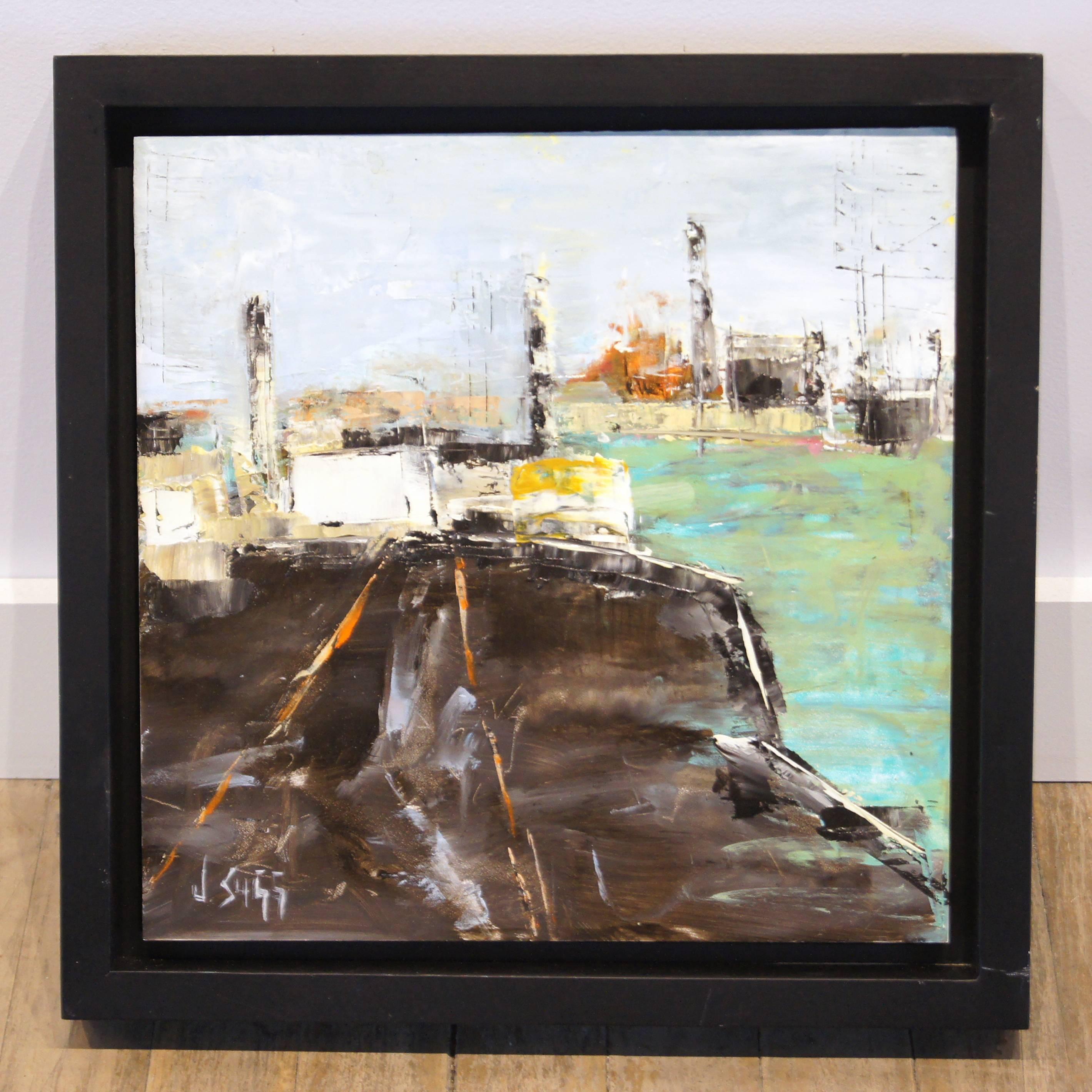 City Pier - Contemporary Cityscape Painting Abstract City Art Urban Life Artwork - Brown Abstract Painting by Janice Sugg