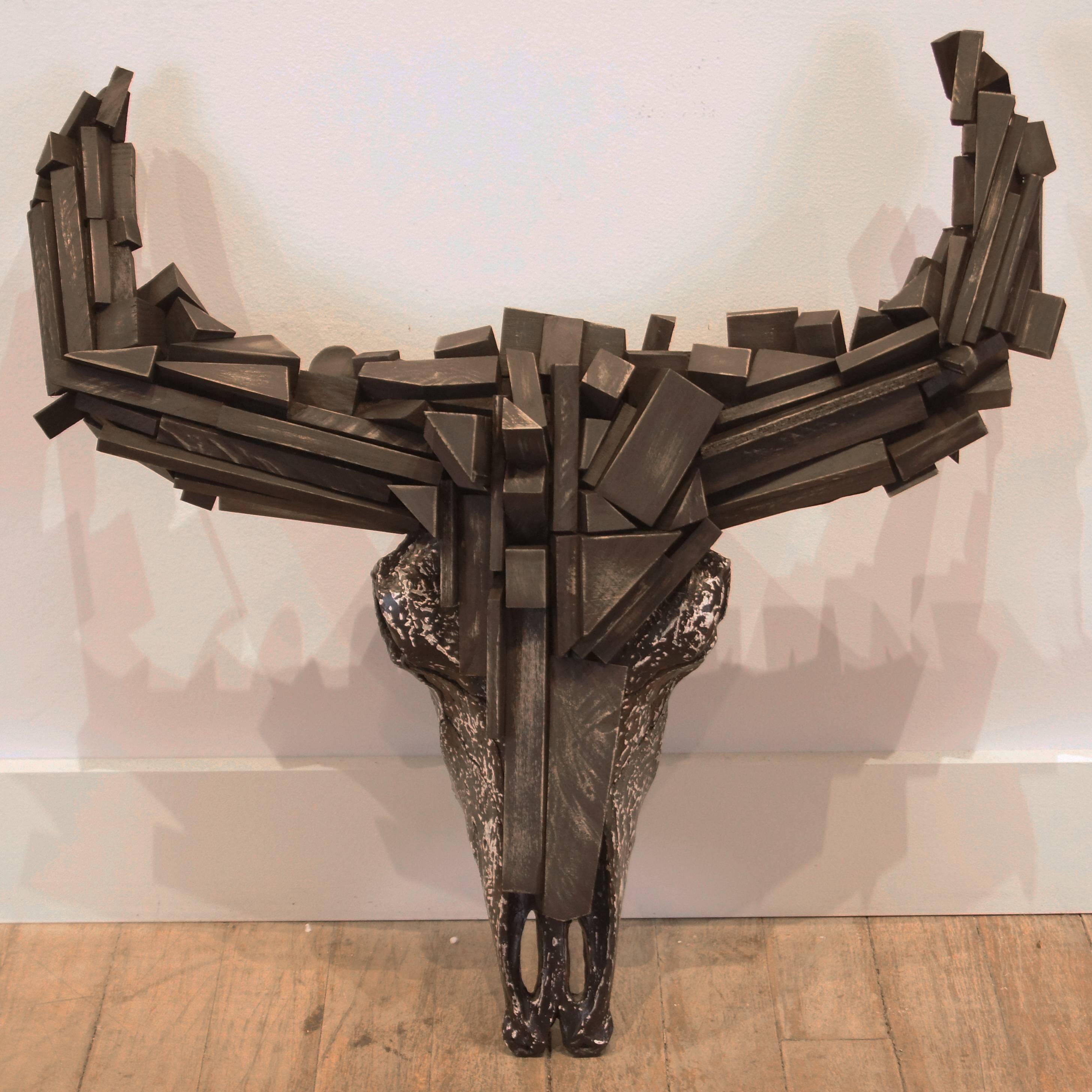 Faux Bison Skull in Resin with Wood-Piece Horns and Painted Texture - Expressionist Sculpture by David LeCheminant