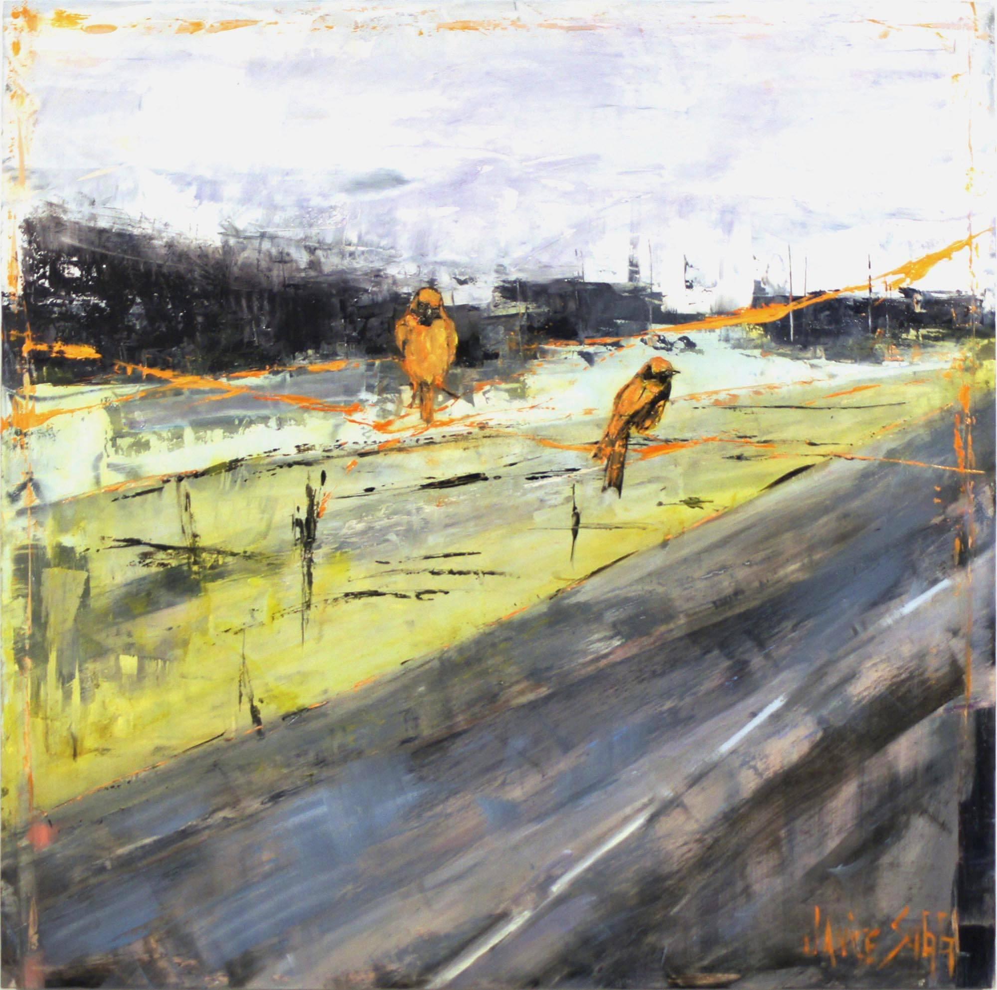 Janice Sugg Animal Painting - Urban Abstract Wildlife Painting 'Passages, Birds Observing' Oil on Board