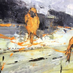 Urban Abstract Wildlife Painting 'Passages, Birds Observing' Oil on Board