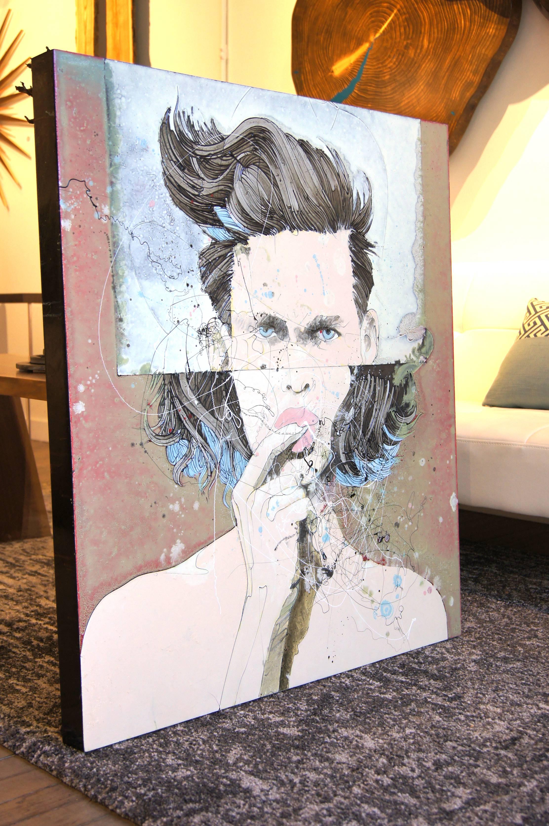 Urban Portrait Painting 'Live High III' Freehand Oil Paint Drip/Drizzle Art For Sale 1