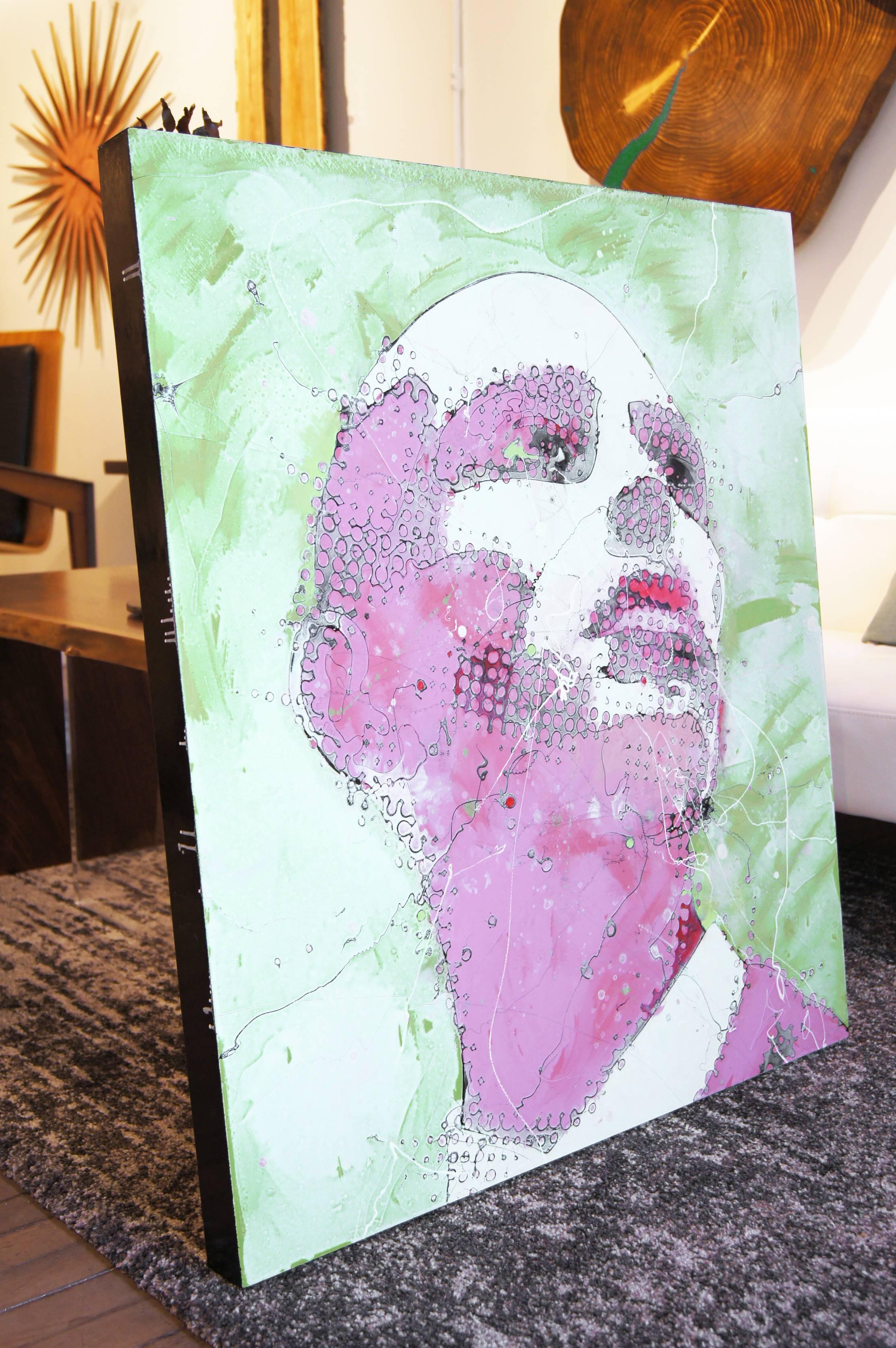 Urban Male Portrait Painting 'Pink Emotion' Freehand Oil Paint Drip/Drizzle Art For Sale 2