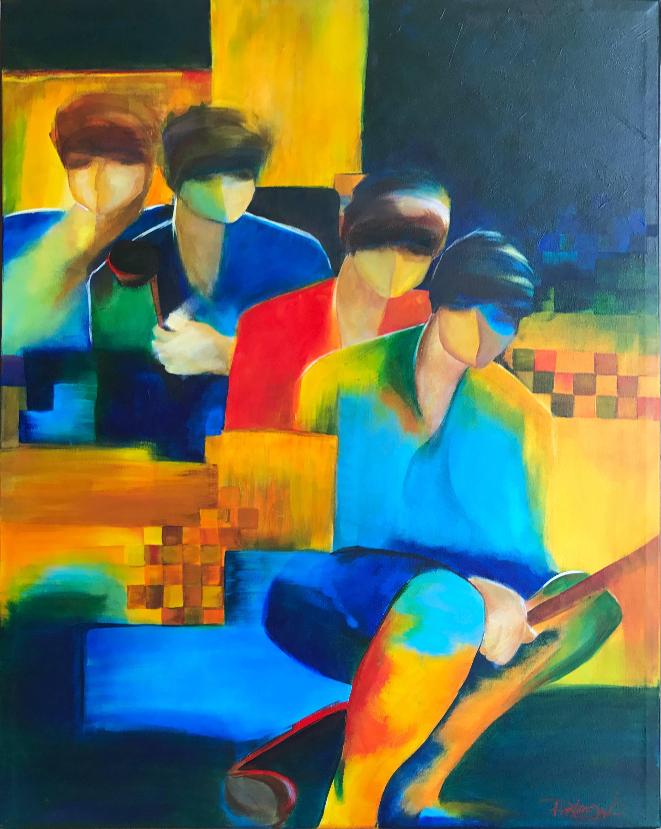 Piekarczyk (Donna Flanagan) Figurative Painting - Fauvist Style Golf Painting 'Foursome' Colorful, Contemporary Golfers Portrait
