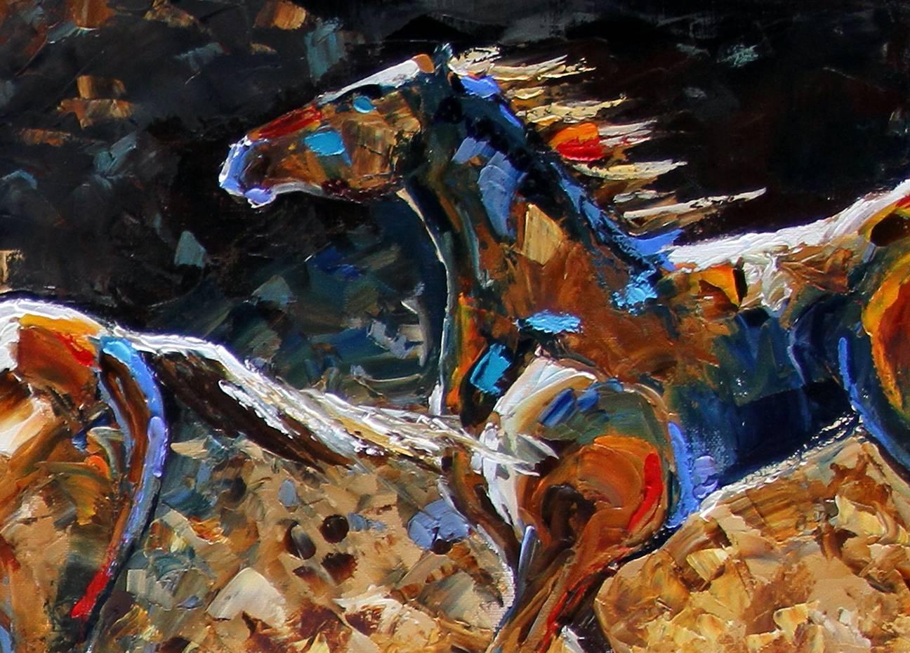 Running the Ridge at Dusk (48W x 24H x 2D in.) by artist Laurie Pace: Oil on Canvas. Hues of Browns, Beige, Cream, Rust, Maroon, Blue, Tan, Turquoise. Style/Genre described as Contemporary, Modern-Western, Abstract, Impasto. Gallery wrap original