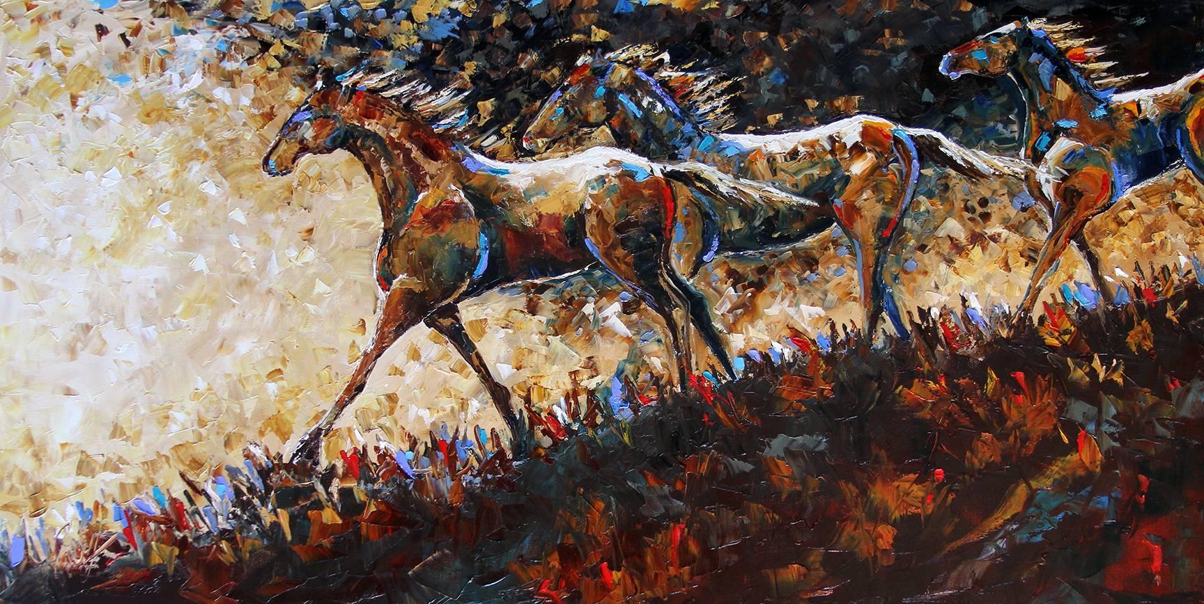 Laurie Pace Animal Painting - Running the Ridge at Dusk - Original Horse Painting Colorful Equine Modern Art 