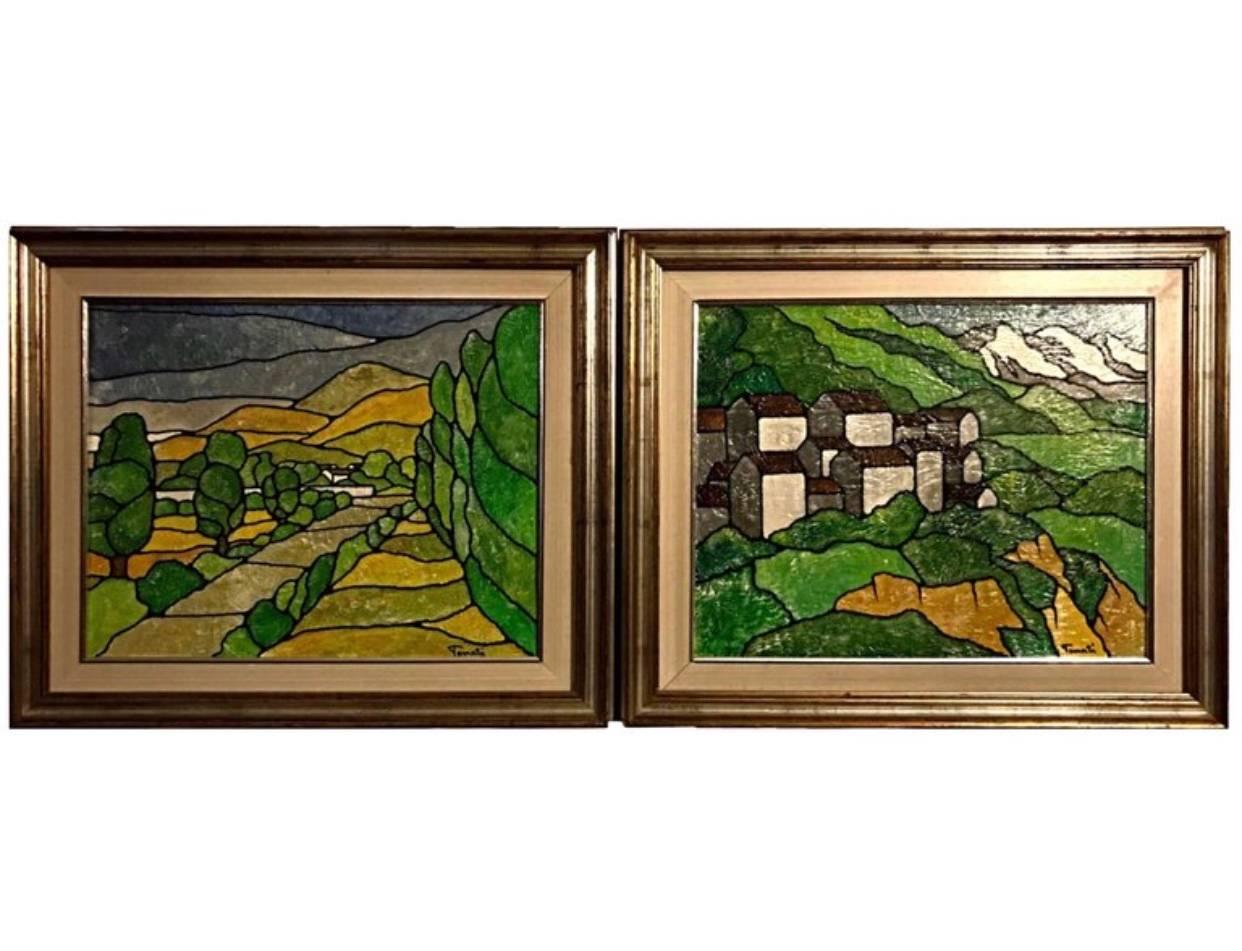 Stunning pair of Italian Alps landscape acrylic paintings signed ‘Tenati’. ‘IL VIALE’ marked verso, very vibrant use of colors which look very reminiscent to Susann Williamson stained glass and that of Lead bitter stained glass some of which was