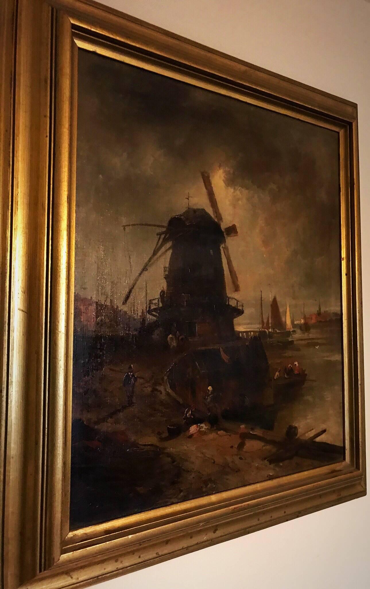 Oil on Canvas Dutch Marine Harbour scene with Windmill - Black Landscape Painting by Unknown