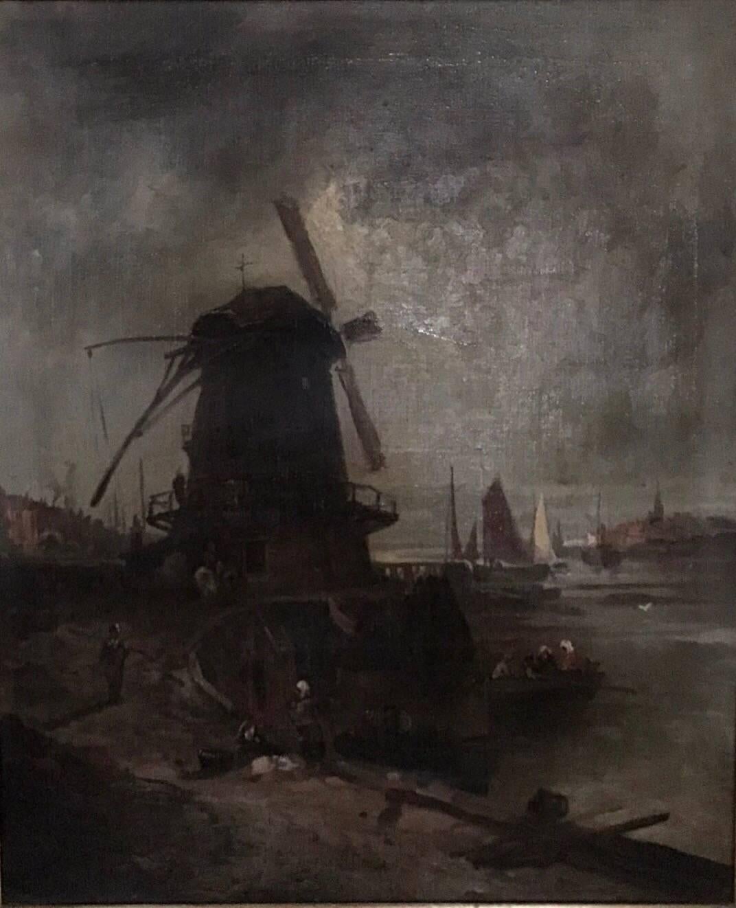 Unknown Landscape Painting - Oil on Canvas Dutch Marine Harbour scene with Windmill