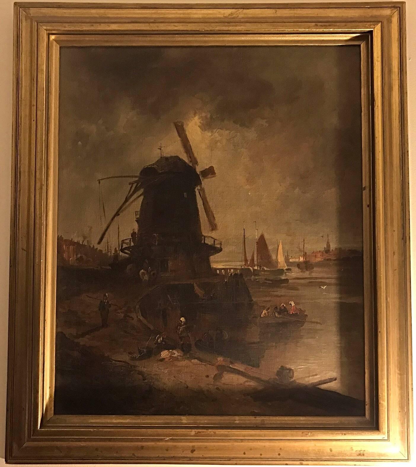 Oil on Canvas Dutch Marine Harbour scene with Windmill - Painting by Unknown