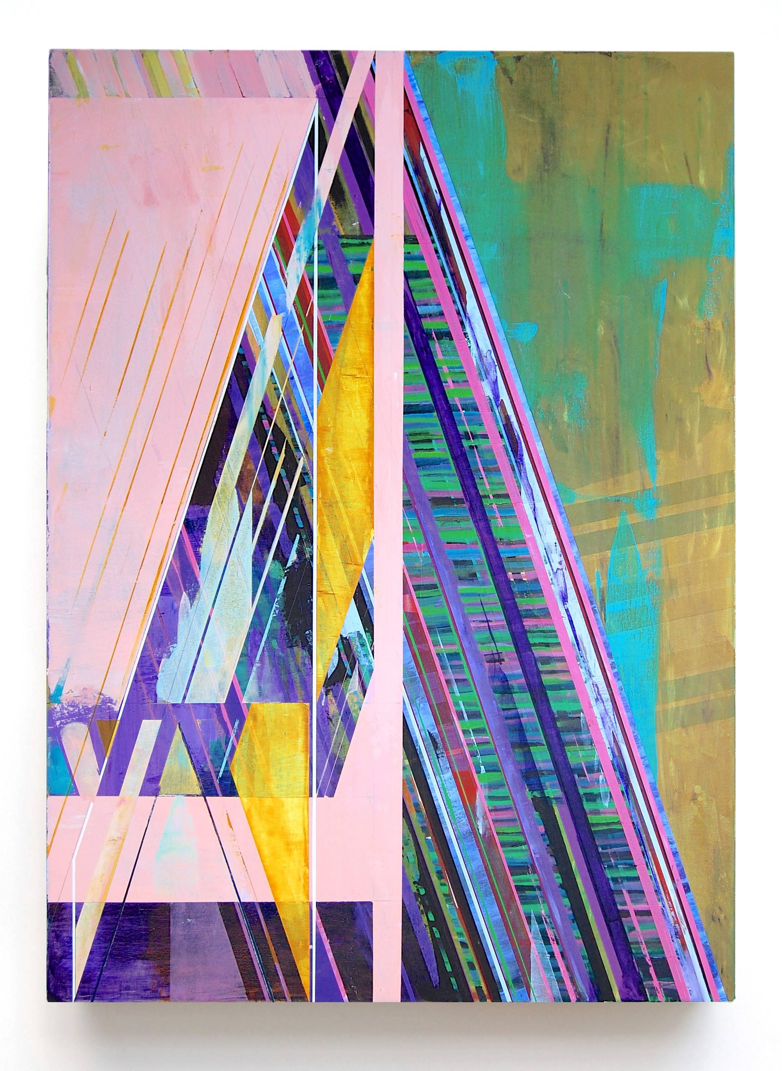 Joe lloyd, Ramp, 2016, acrylic on canvas, 42x30 inches is a predominantly pink geometric abstract painting with highlights of ochre, violet and turquoise. The hard edges of the geometric framework are complimented by the translucent layers of color