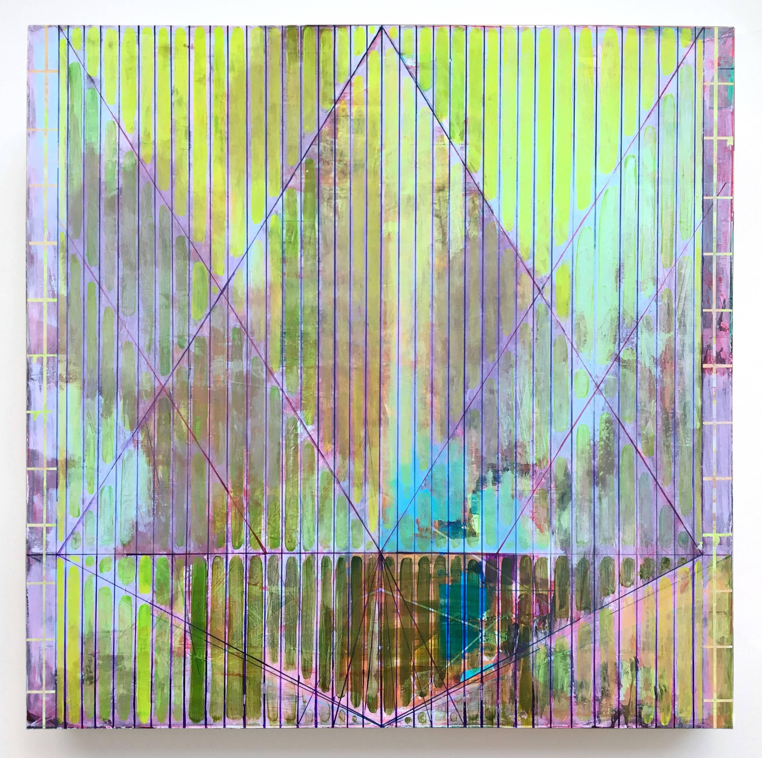 Joe Lloyd, Green Pattern, 2017, acrylic on canvas, abstract painting, 50x50 inches.
Predominately yellow, pink, violet and blue, the translucent color layers highlight the geometry central to this paintings structural foundation.  

Joe Lloyd's