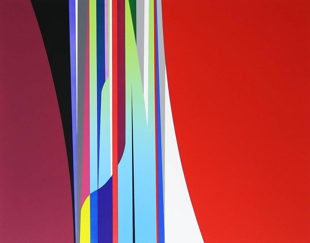 Dion Johnson, Isotope, acrylic on paper, abstract painting on paper, 16.25 x 20.75 inches paper size / 21 x 25 inches, framed in white. Red abstract work on paper, hard edge, curved lines. 

Abstract Painting in Los Angeles, by David Pagel for