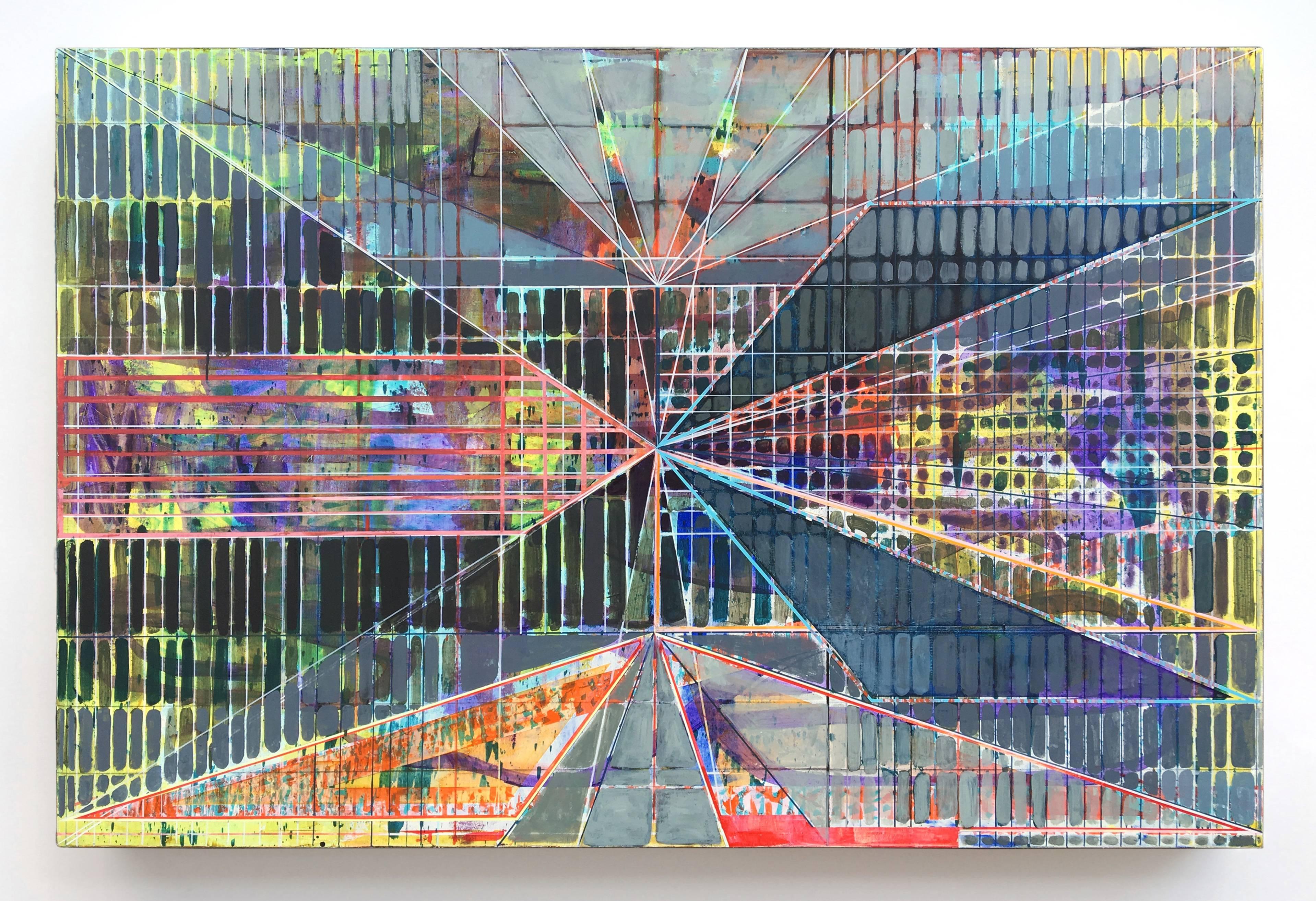 Joe Lloyd, Yellow Pattern, 2017, acrylic on canvas, 48 x 72 inches is a colorful geometric abstract painting with highlights of yellow, violet and turquoise. The hard edges of the geometric framework are complimented by the translucent layers of