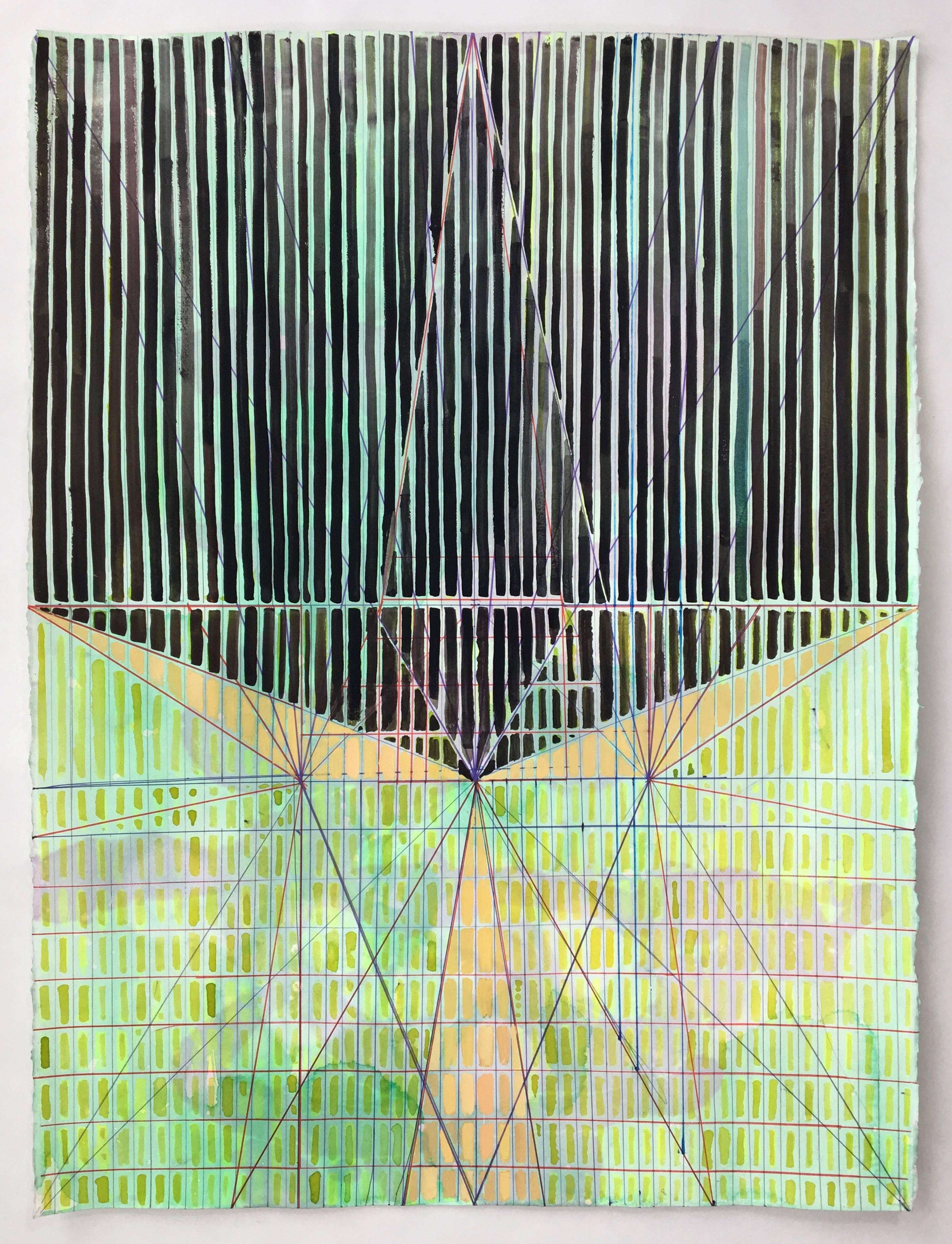 Joe Lloyd, Black Pattern, 2017, acrylic on paper, 30 x 22 inches is a colorful geometric abstract work on paper with greens and black. The hard edges of the geometric framework are complimented by the translucent layers of color and expressive brush