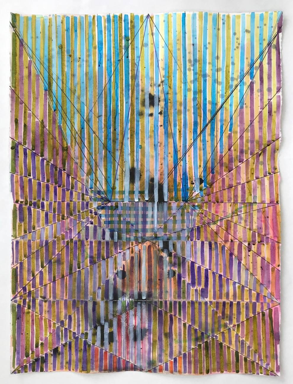 Joe Lloyd, Blue and Purple Grid, 2017, acrylic on paper, 30 x 22 inches is a colorful geometric abstract work on paper with highlights of rose, violet and turquoise. The hard edges of the geometric framework are complimented by the translucent