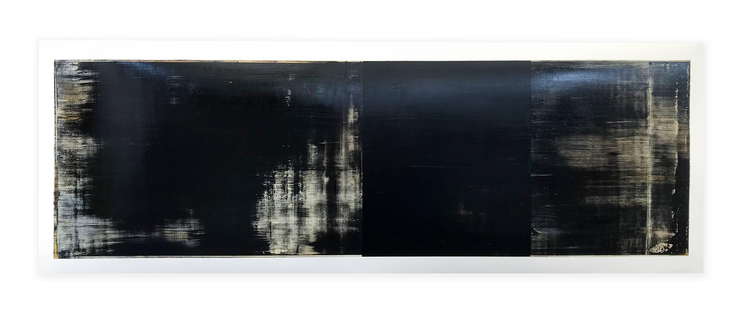 Daniel Brice, Untitled (OX 45), 2017, oil on paper, 18 x 51 inches, abstract, color field painting on Arches archival paper specifically made for oil paint. This piece is black and white. 

In the lineage of historic artists interpreting western