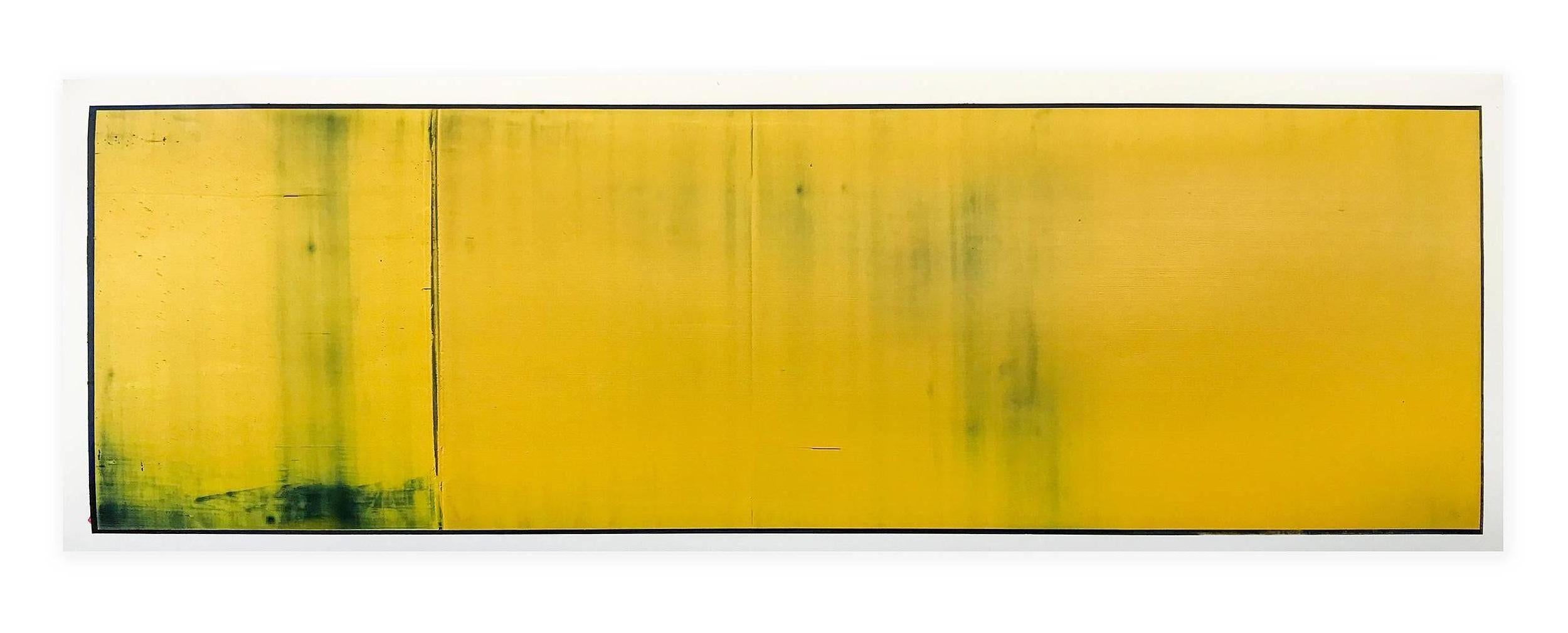 Daniel Brice, Untitled (OX 45), 2017, oil on paper, 18 x 51 inches, abstract, color field painting on Arches archival paper specifically made for oil paint. This piece is predominantly yellow. 

Saturated color is Brice’s tool to relate the