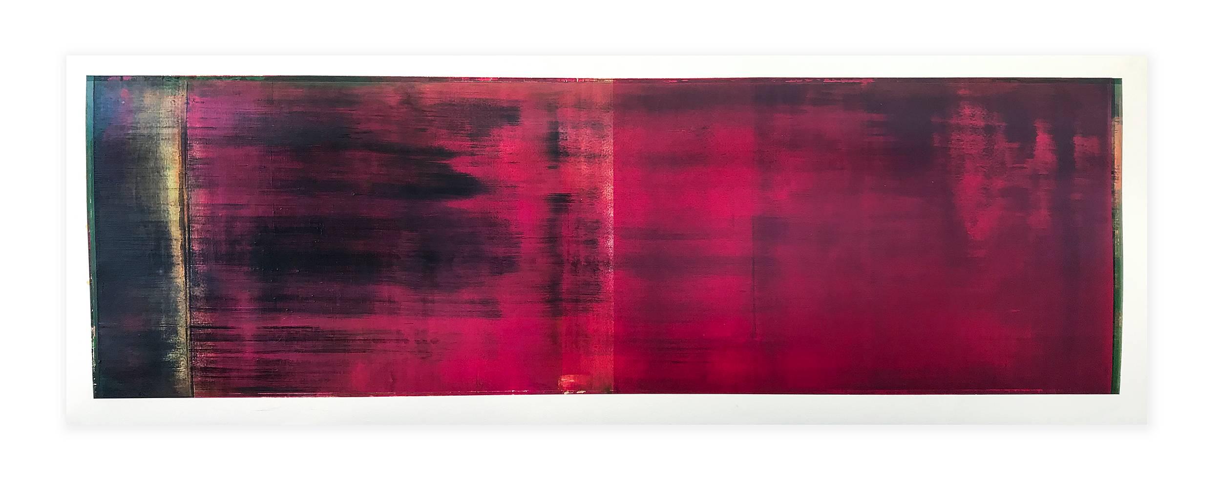 Daniel Brice, Untitled (OX 47), 2017, oil on paper, 18 x 51 inches, abstract, color field painting on Arches archival paper specifically made for oil paint. This piece is predominantly magenta with hints of green yellow and black. 

Saturated color