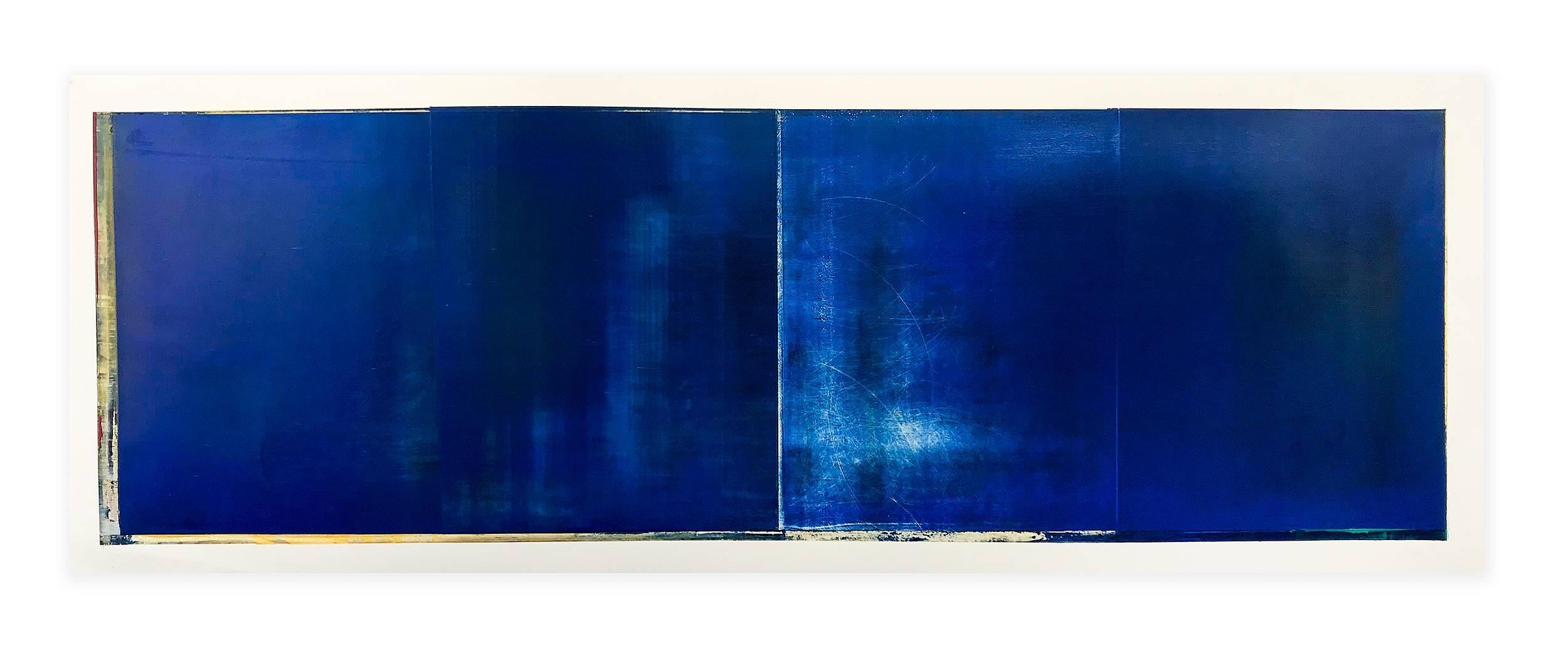 Daniel Brice, Untitled (OX 48), 2017, oil on paper, 18 x 51 inches, abstract, color field painting on Arches archival paper specifically made for oil paint. This piece is predominantly royal blue. 

Saturated color is Brice’s tool to relate the