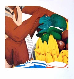 Vintage BAZURTO Cartagena Market, Signed Lithograph, Bananas, Avocados, Latin American
