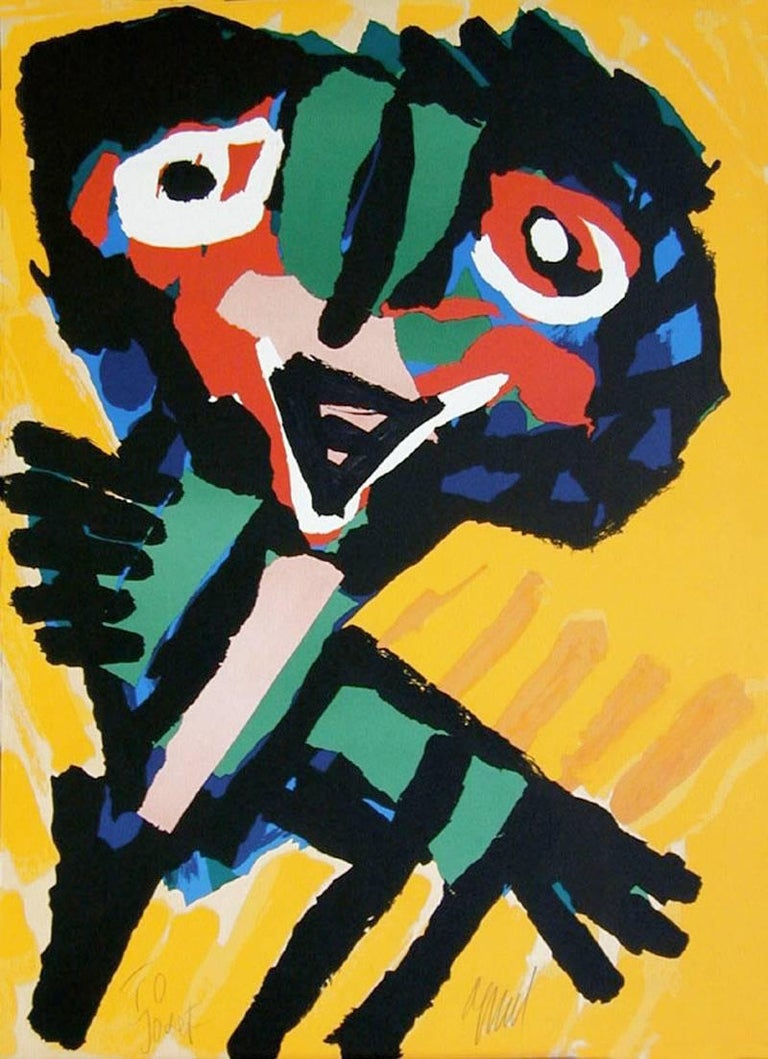 Karel Appel Abstract Print - YELLOW PERSONAGE Signed Lithograph, Abstract Collage Portrait, CoBrA Artist