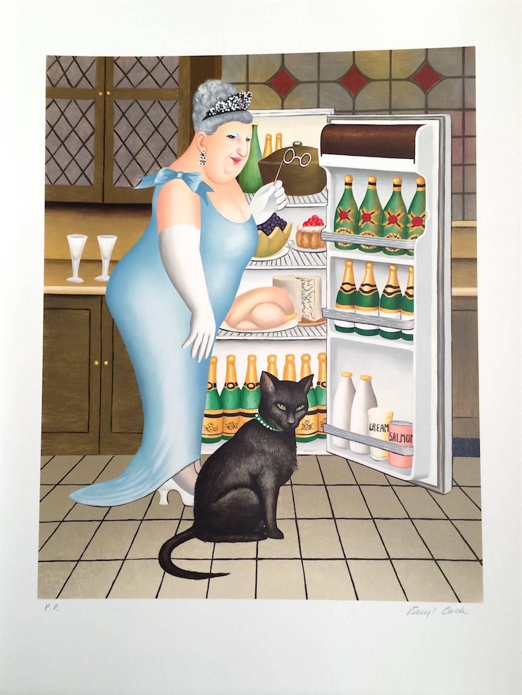 PERCY AT THE FRIDGE Signed Lithograph, Black Cat, Champagne, British Humor - Print by Beryl Cook