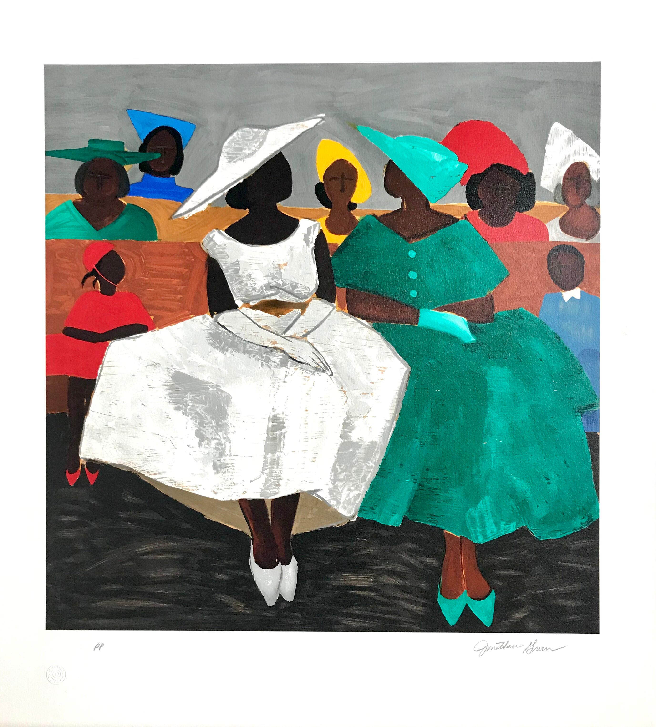 FIRST SUNDAY is a hand drawn, limited edition lithograph by the African American artist JONATHAN GREEN printed using hand lithography techniques on archival Arches paper, 100% acid free. FIRST SUNDAY is a simple composition of an interior scene