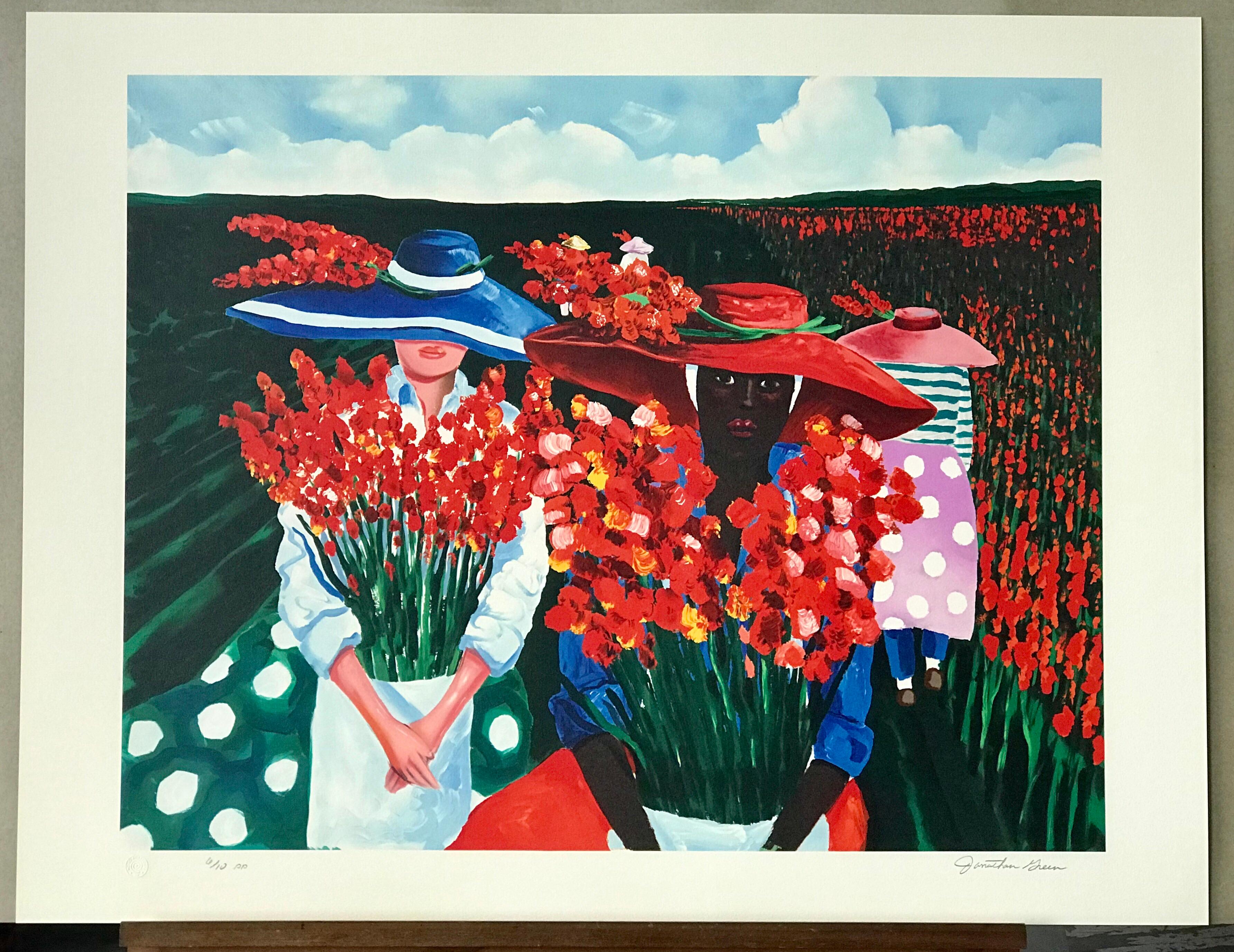 GLADIOLUS HARVEST Signed Lithograph, African American Heritage, Gullah Culture - Print by Jonathan Green