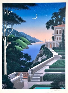 GIARDINO SEGRETTO Signed Lithograph Mediterranean Landscape Art, Moonlight