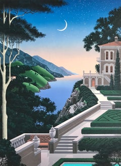 GIARDINO SEGRETTO Signed Lithograph Mediterranean Landscape Art, Moonlight