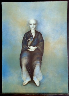 SELVAGGIA Hand Drawn Lithograph, Signed, Surrealist Robed Figure with Bird