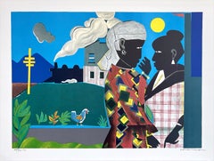 THE CONVERSATION Signed Lithograph 1979, Figurative Abstract, Black Women, Train