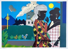 THE CONVERSATION Signed Lithograph 1979, Figurative Abstract, Black Women, Train