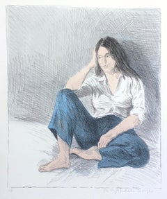 DONNA SEDUTA IN JEANS BLU Litografia firmata 1979, Ritratto realista, posa rilassata