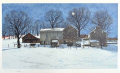 Lithographie signée DOMINO, paysage du comté de Bucks, ferme historique en pierre, vache