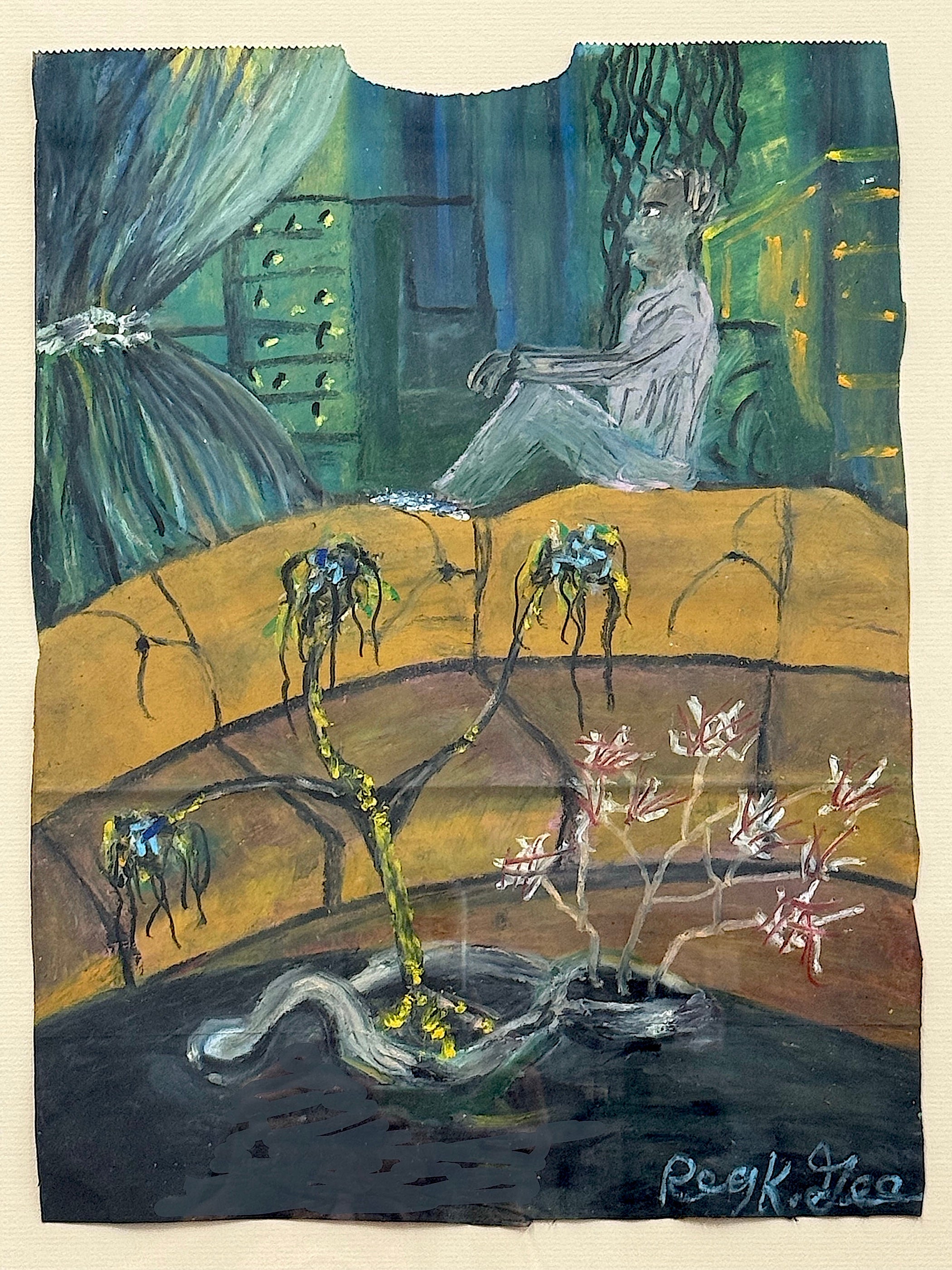 SOLL ich drin bleiben oder rausgehen? Signiertes Ölpastell, Sitzender Mann, Surreales Interieur