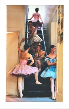 „Waiting in the Wings“ – Lithografie: Ballerinas in pastellfarbenen Tutus, 1995