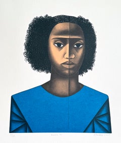 KEISHA M. Lithographie dessinée à la main, signée, portrait d'une jeune femme noire