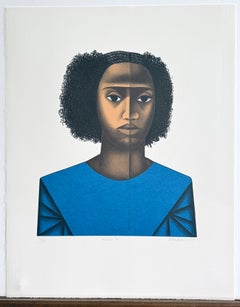 KEISHA M. Handgezeichnete Lithografie, signiert, Porträt einer jungen schwarzen Frau