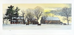 Lithographie de Bucks County Landscape, ferme en pierre, ciel jaune