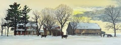 Lithographie de Bucks County Landscape, ferme en pierre, ciel jaune